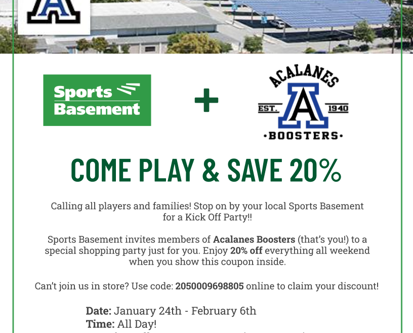 Sports Basement 20% Off For Acalanes!