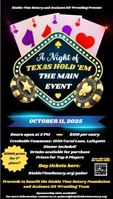 Join the Acalanes High School Wrestling Team and Diablo View Rotary for “A Night of Texas Hold ‘Em” – Main Event Poker Tournament”
