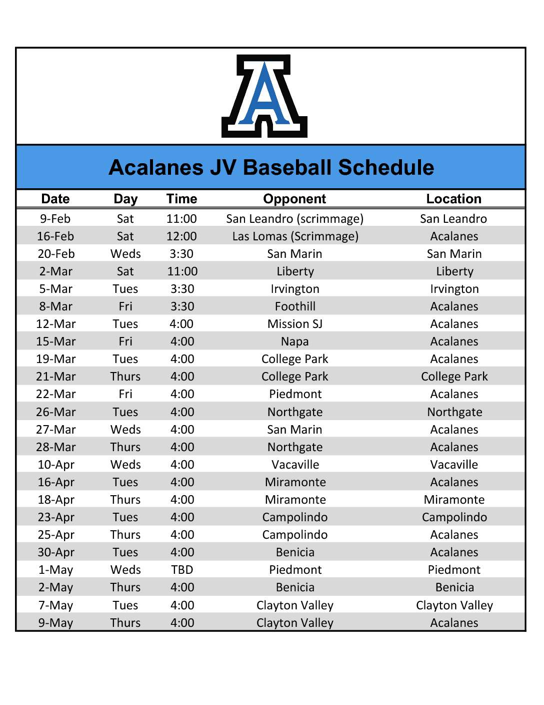 Acalanes JV Baseball Schedule Feb19 2019 – Acalanes Boosters