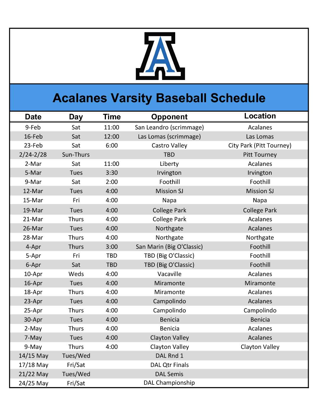 Acalanes Varsity Baseball Schedule2 2019 – Acalanes Boosters