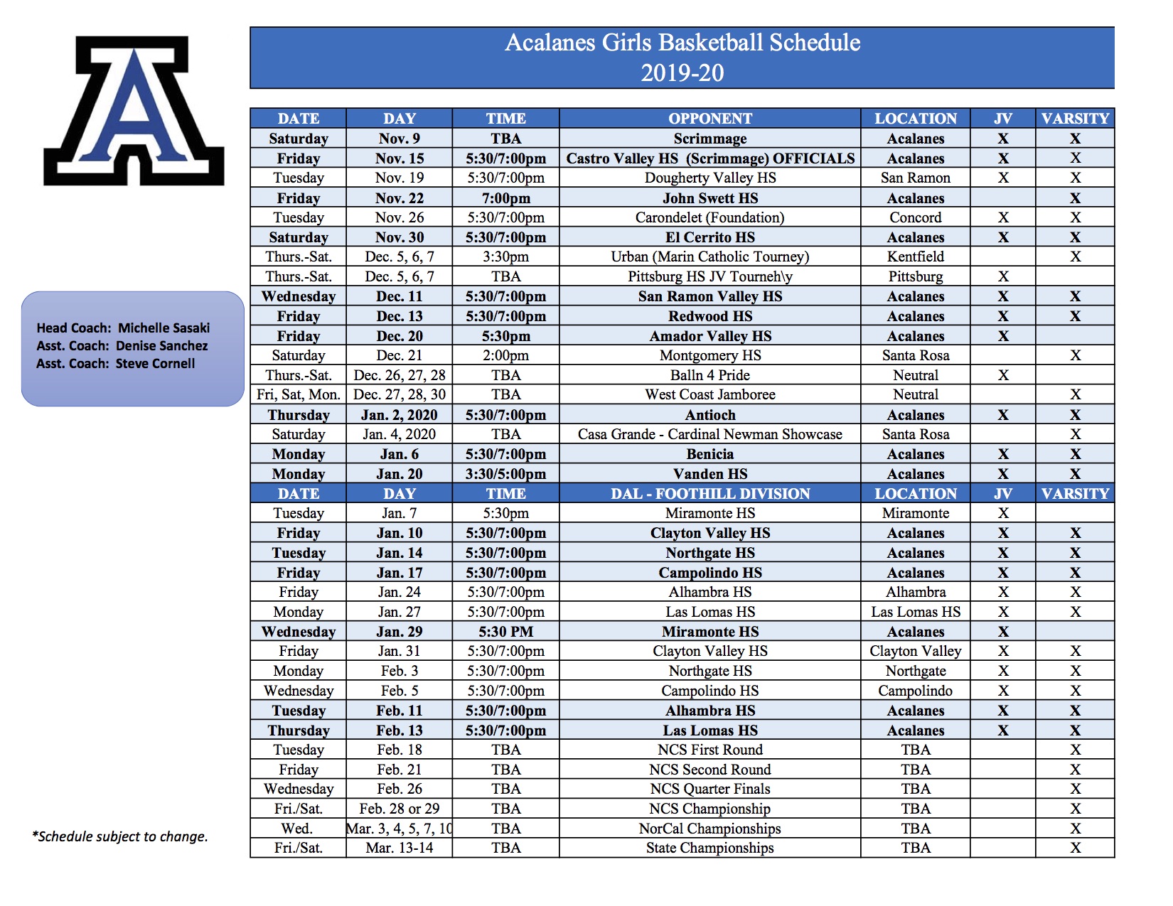 201920 Acalanes GBB Schedule Acalanes Boosters